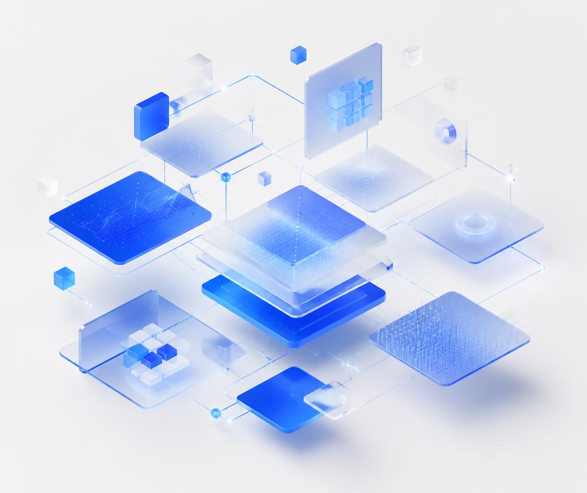 Abstract layered technology panels representing Shiro Technologies' digital services